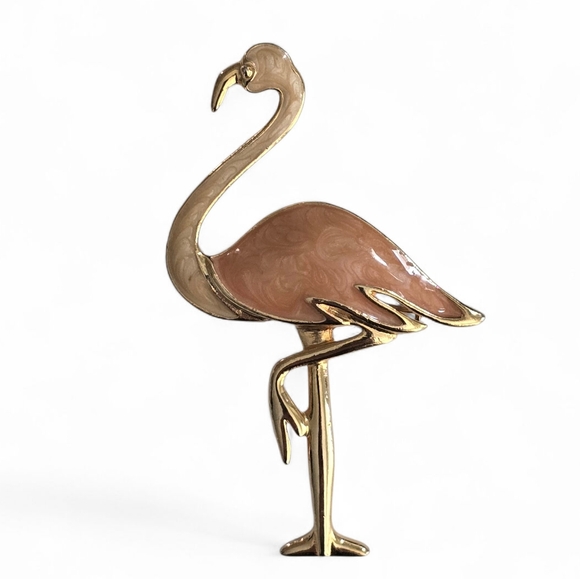 Vintage Jewelry - Vintage Gold Flamingo Brooch | Pink Enamel Bird Pin | Mid-Century Style Costume